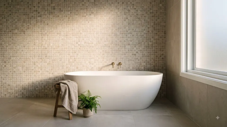Illustration of a bathroom with a mosaic stone wall and a ceramic tile floor