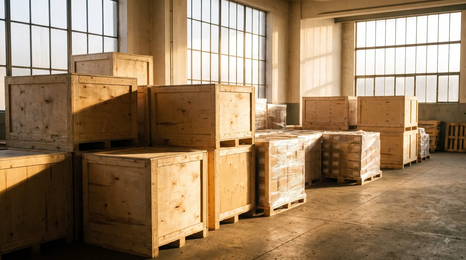 Illustration of wooden export crates and shrink-wrapped pallets stacked in a bright warehouse