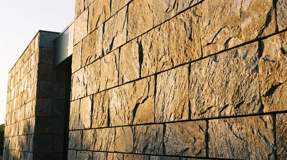 Illustration of a building wall clad in split-face stone panels with deep shadow lines