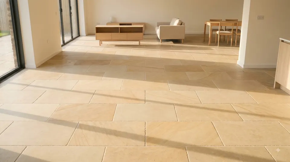 Illustration of a honed buff sandstone floor in a bright living space