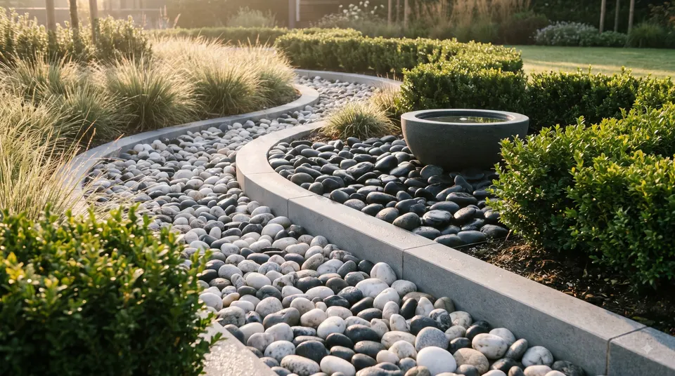 Illustration of river pebbles laid between planting in a landscaped garden
