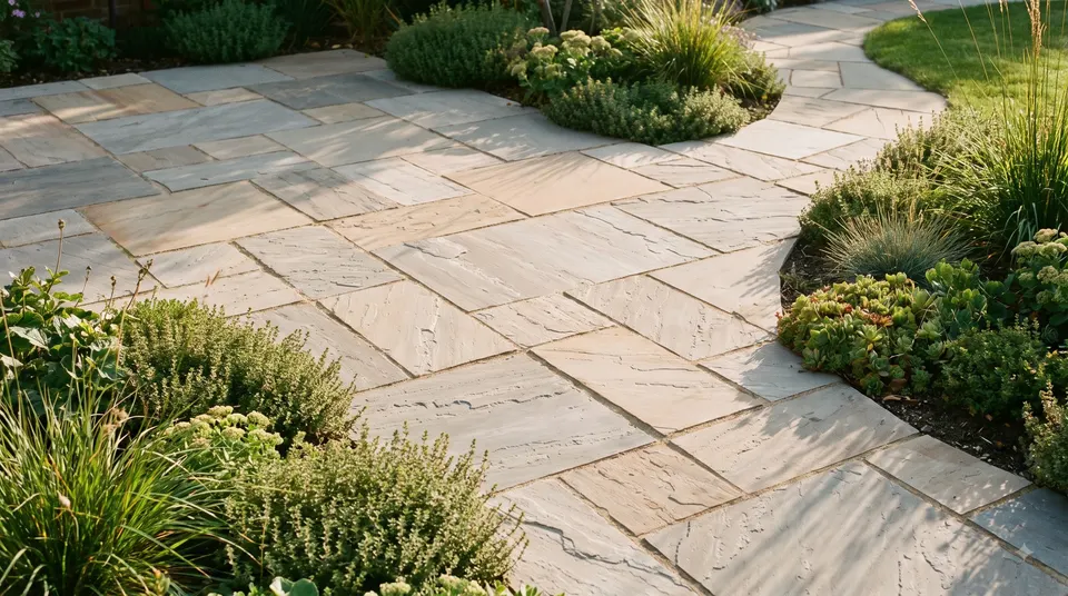 Illustration of a sandstone patio and path in a garden, with low planting either side