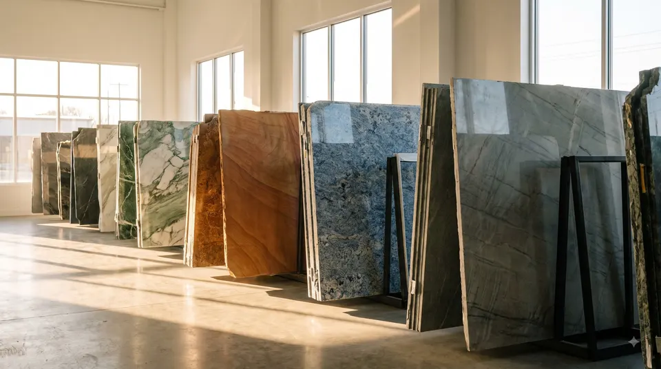 Illustration of tall slabs of different stones standing in a bright showroom