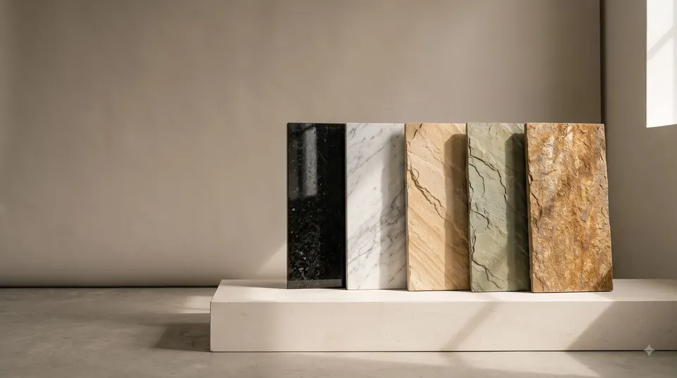 Illustration of five stone slabs in different colours and textures standing on a pale plinth